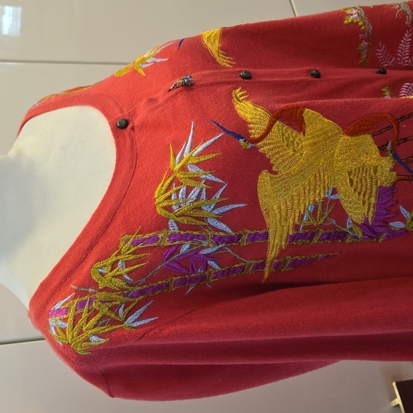 Soft Surroundings Embroidered Bird Charm Button Up Cardigan Pink Red Size Small - Picture 2 of 10